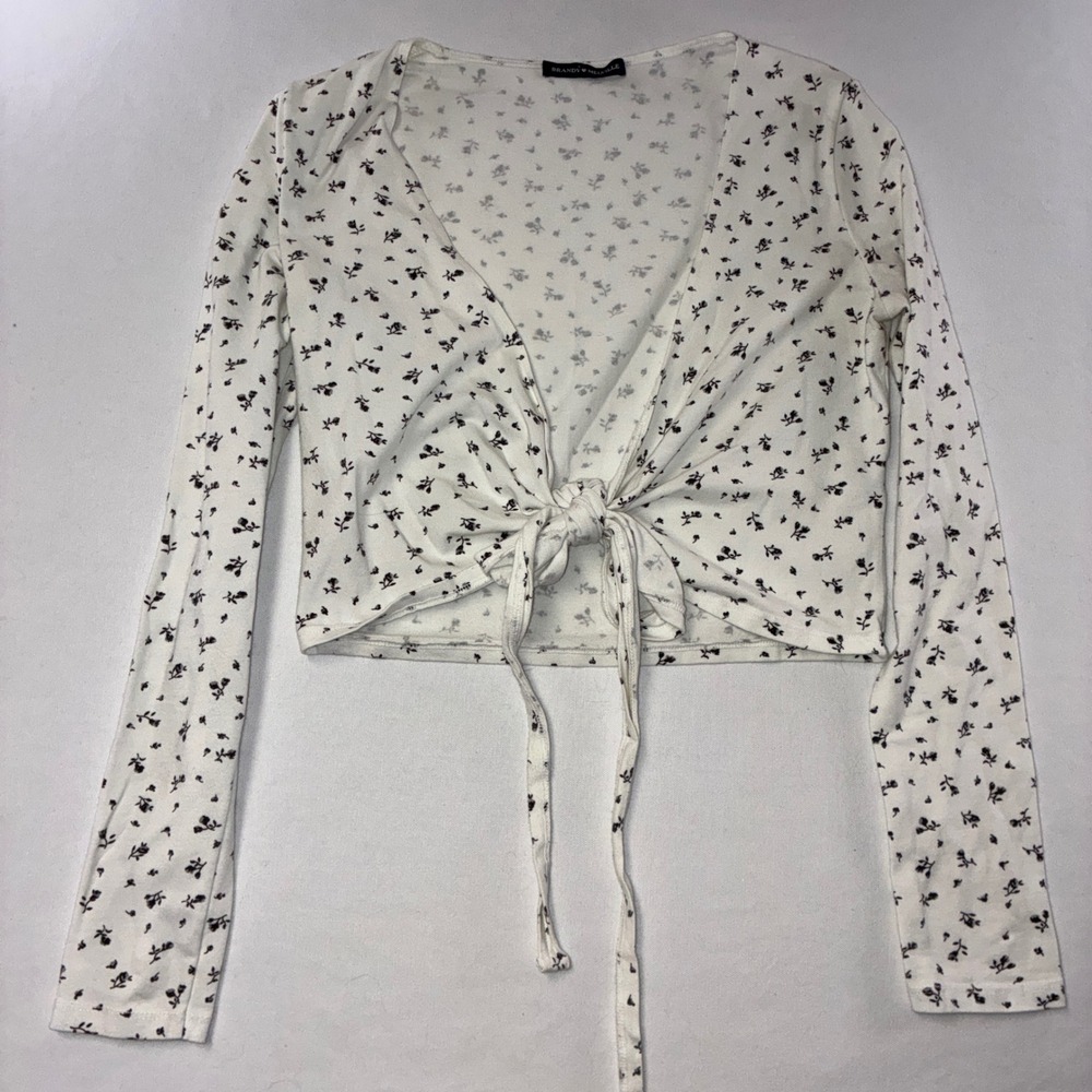 609 Coquette Brandy Melville Tie Front Top OS White Floral Long Sleeve Cropped